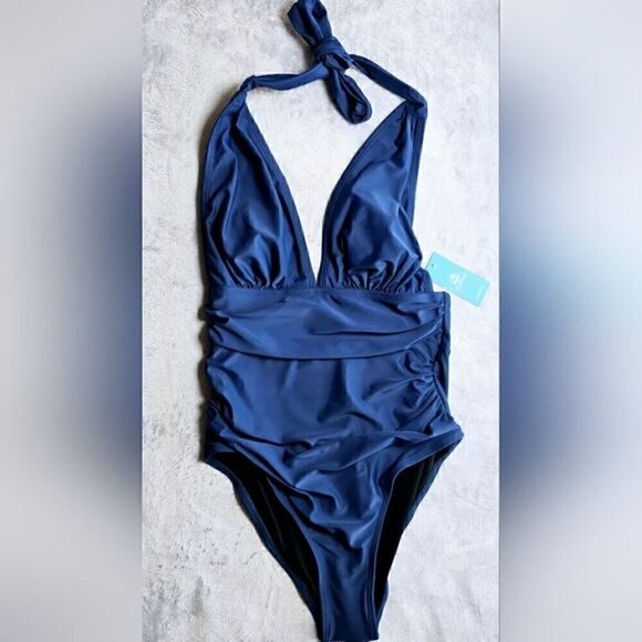 61.🆕Med Cupshe One Piece Halter Deep V Neck Swimsuit With Tummy Control Navy - Picture 2 of 5